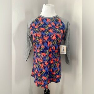 LuLaRoe Randy Tee Shirt NWT 3/4 Raglan Knit Sleeve Blue Floral Geometric
